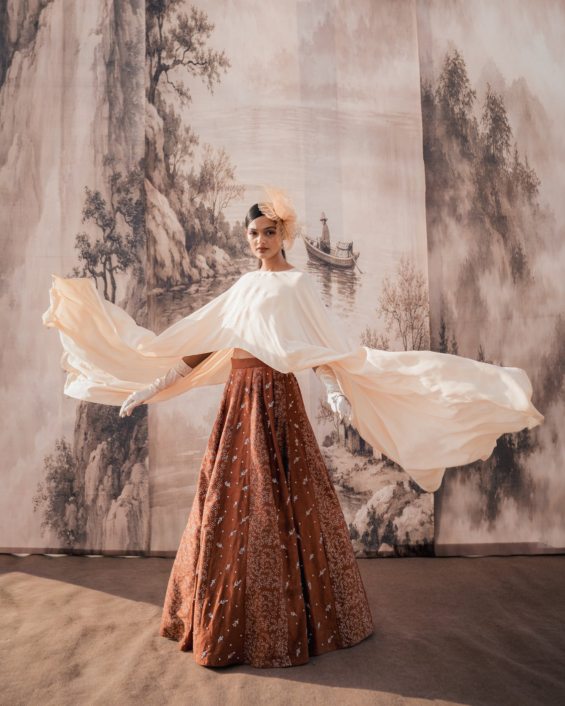 Chocolate Beige Real Silver Printed & Embroidered Skirt & Cape