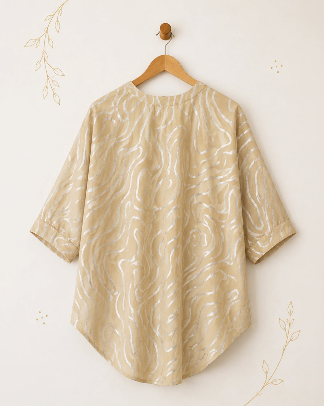 Beige Abstract Wave Silver Printed Cotton Shirt