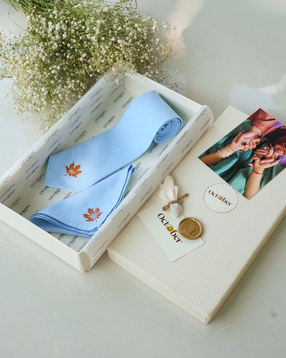 Sky Blue Hand-painted Cotton Pashmina Tie & Pocket Square Set