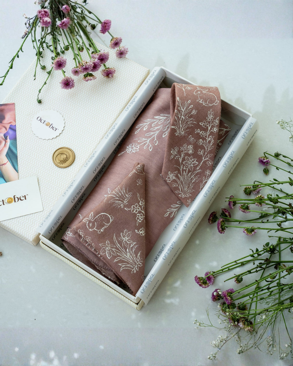 Dusty Rose Hand-Painted Chanderi Silk Scarf & Pure Pashmina Tie & Pocket Square Gift Set