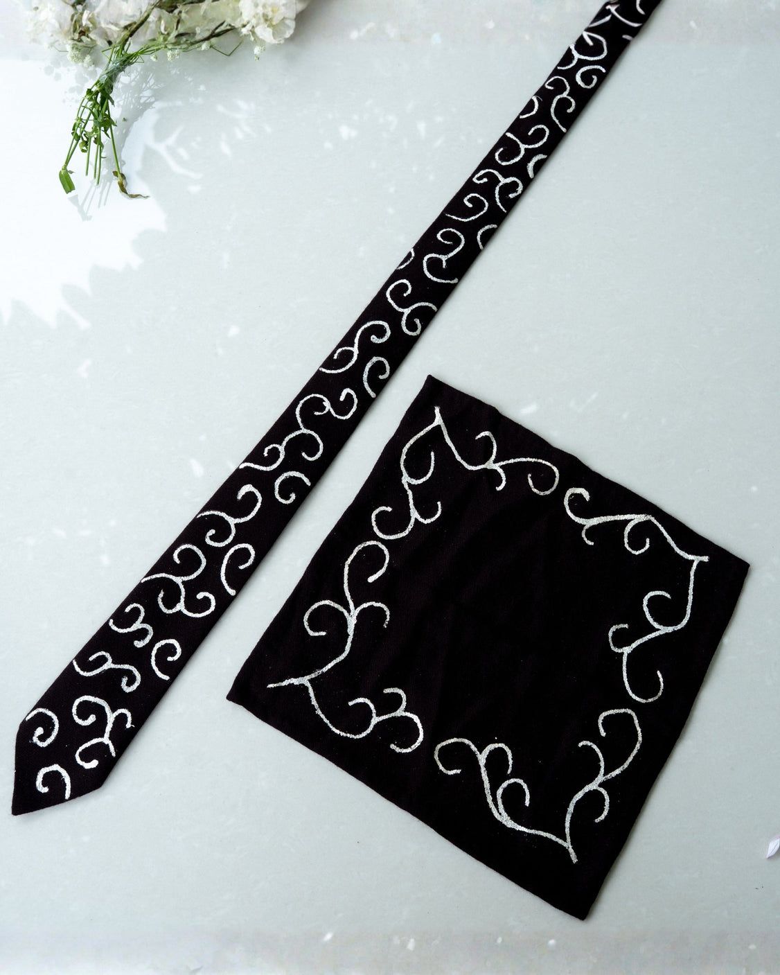 Brown Pure Pashmina Silver Printed Tie & Pocket Square Set