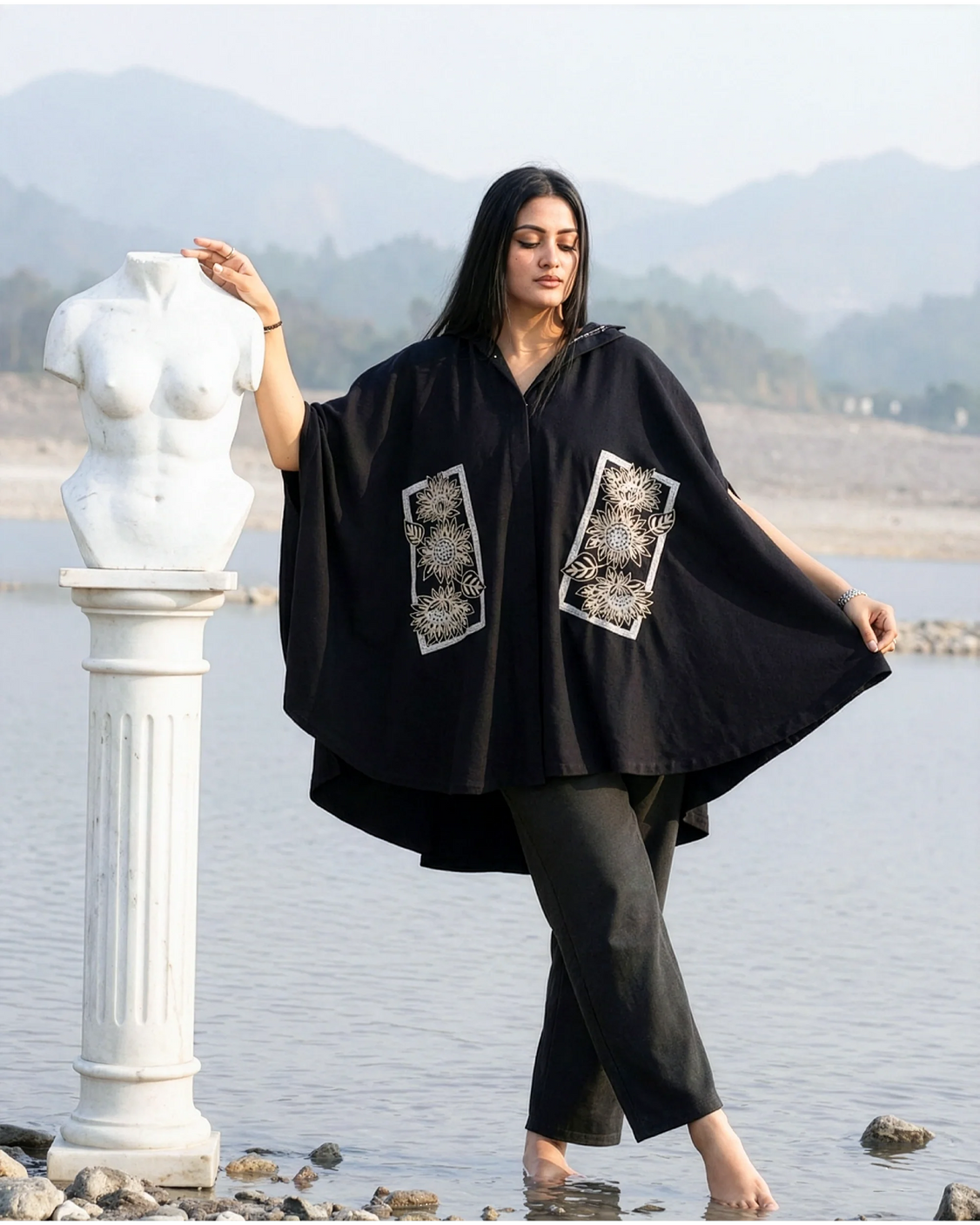Midnight Harvest Sunflower Embroidered Cape