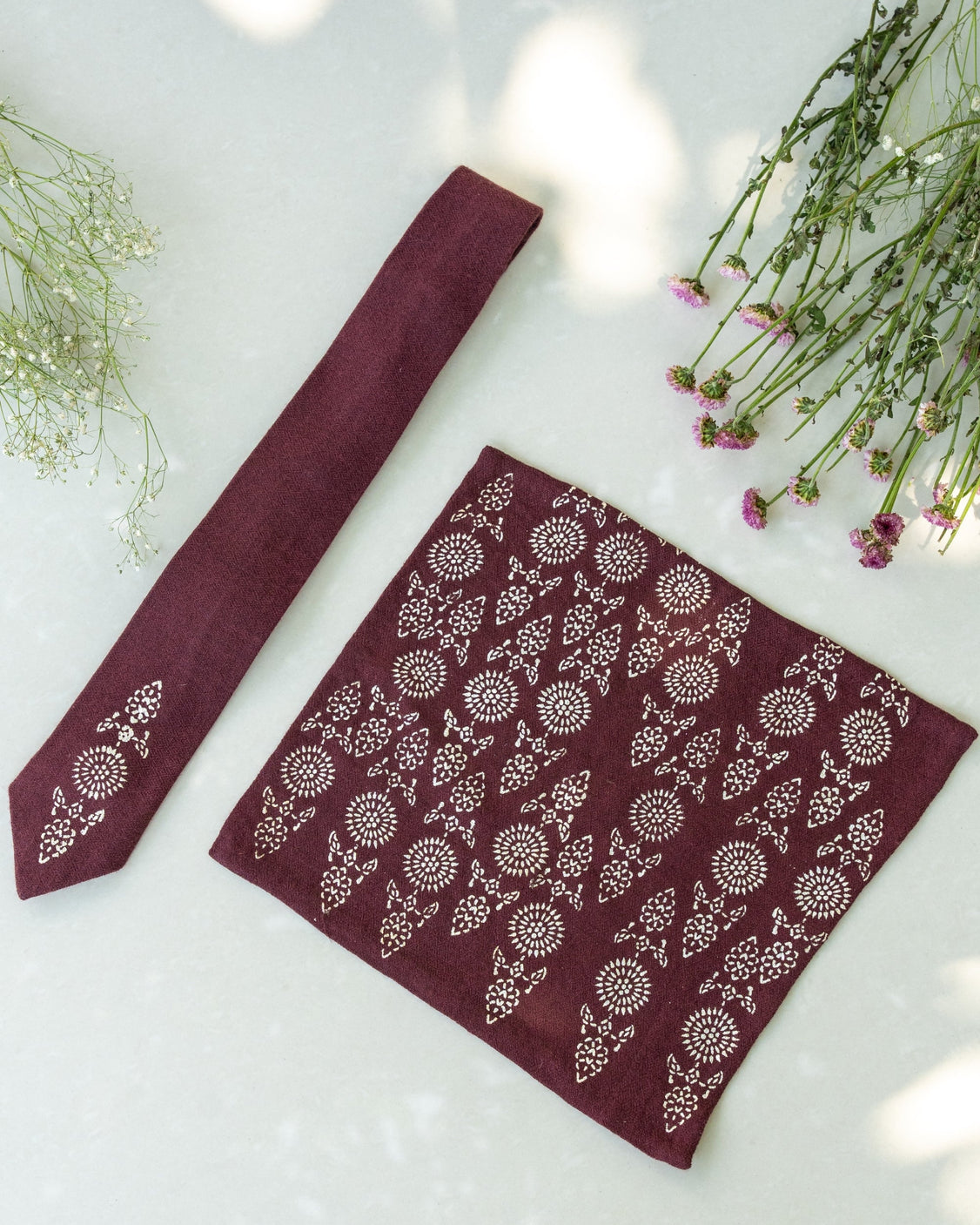 Brown Pure Pashmina Silver Printed Tie & pocket Square Set