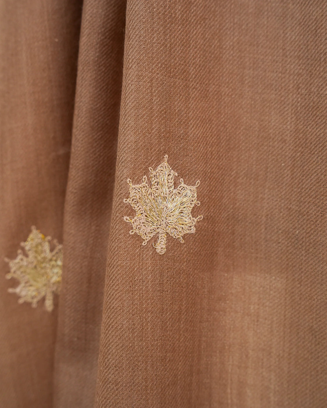 Brown Toosh Natural Chinar Patta Embroidered Pure Pashmina Scarf