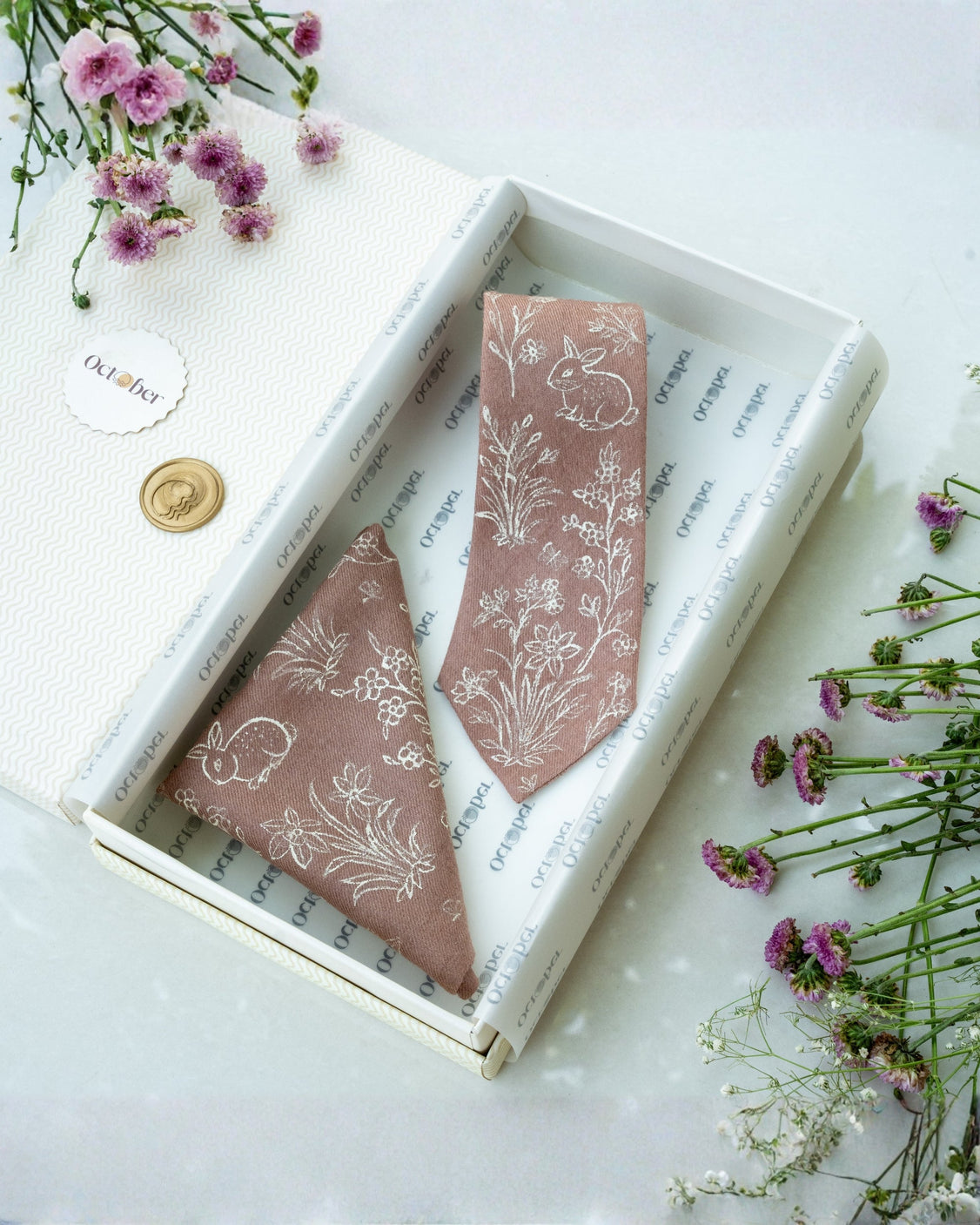 Dusty Rose Hand-Painted Pure Pashmina Tie & Pocket Square Set