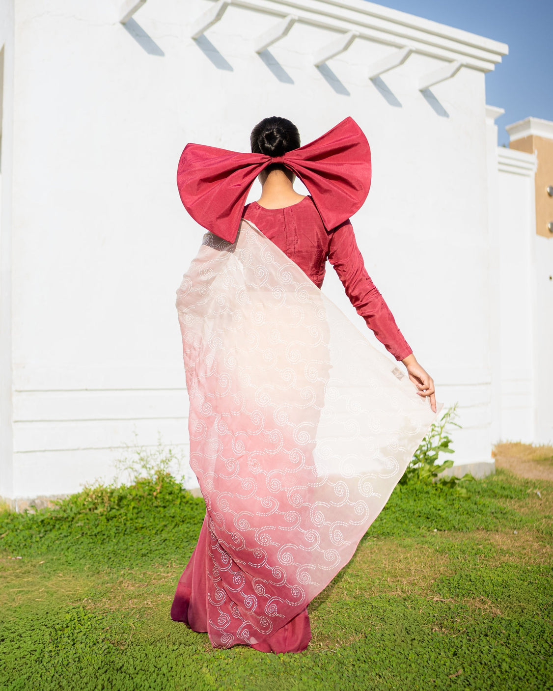 Burgundy Blush Silver Printed Organza Saree
