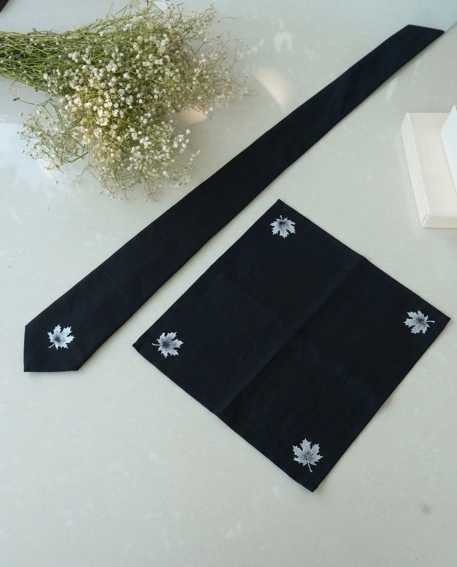 Black Hand-painted Cotton Pashmina Tie & Pocket Square Set