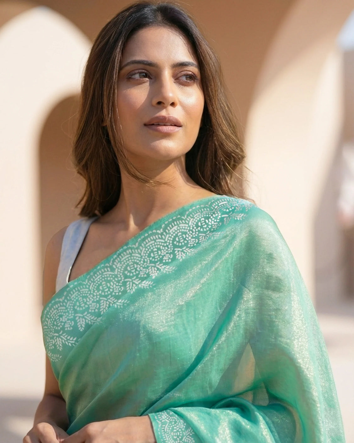 Soft Aqua Real Silver Saree in Tissue Silk