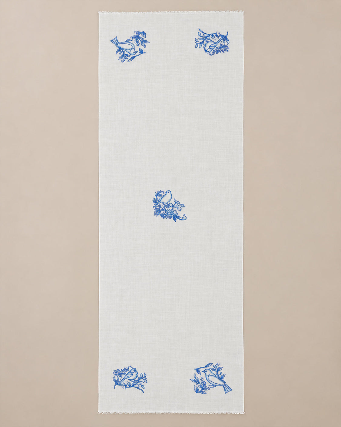 Off-White Fine Wool Handpainted & Embroidered Scarf - Birds on the Nest