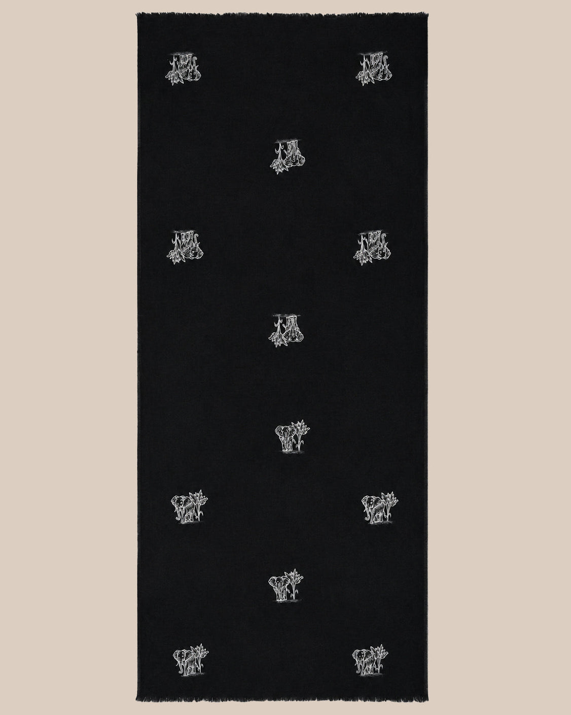 Black Pure Pashmina Elephant Handpainted Scarf