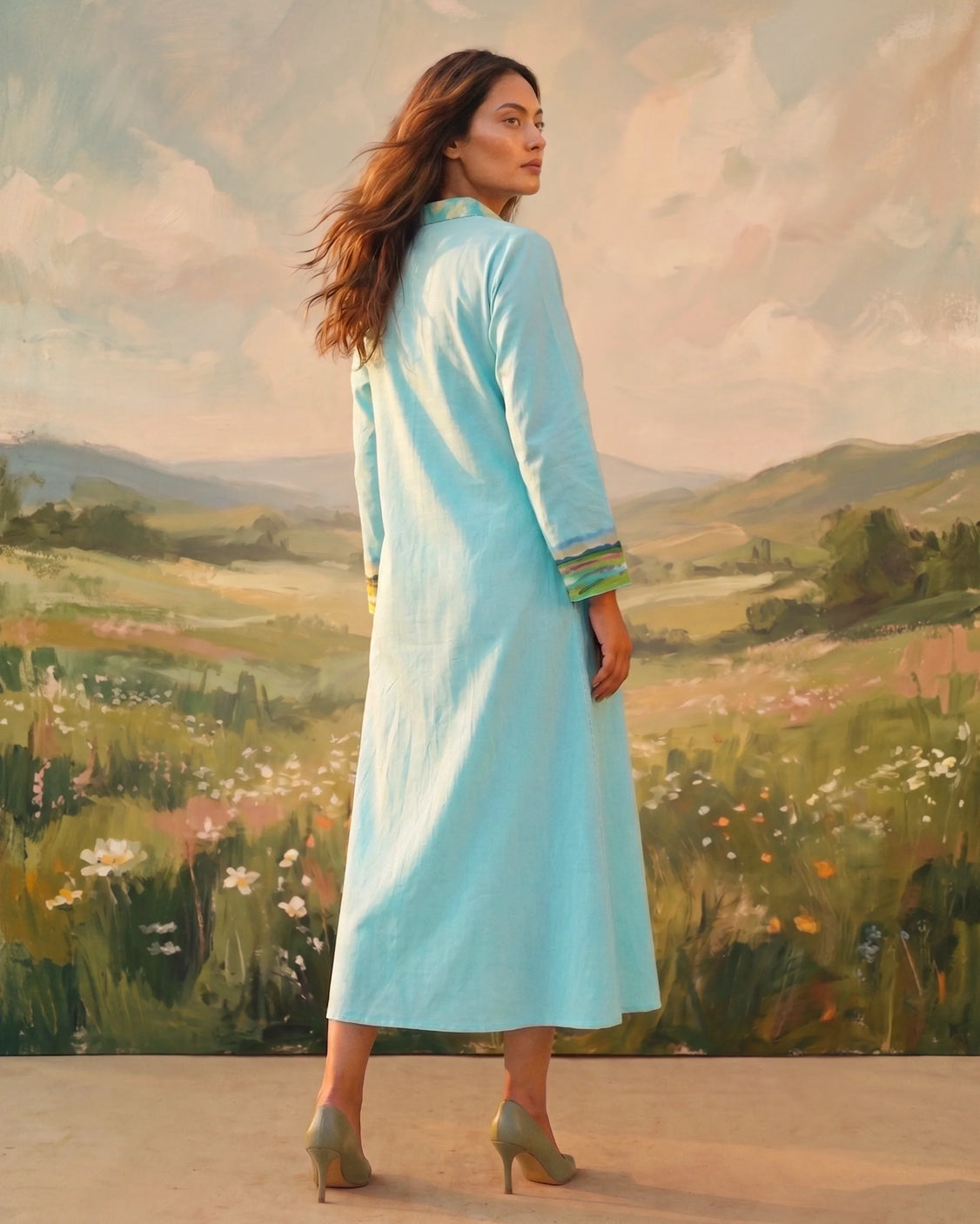 Aqua Handpainted Cotton Collar Dress