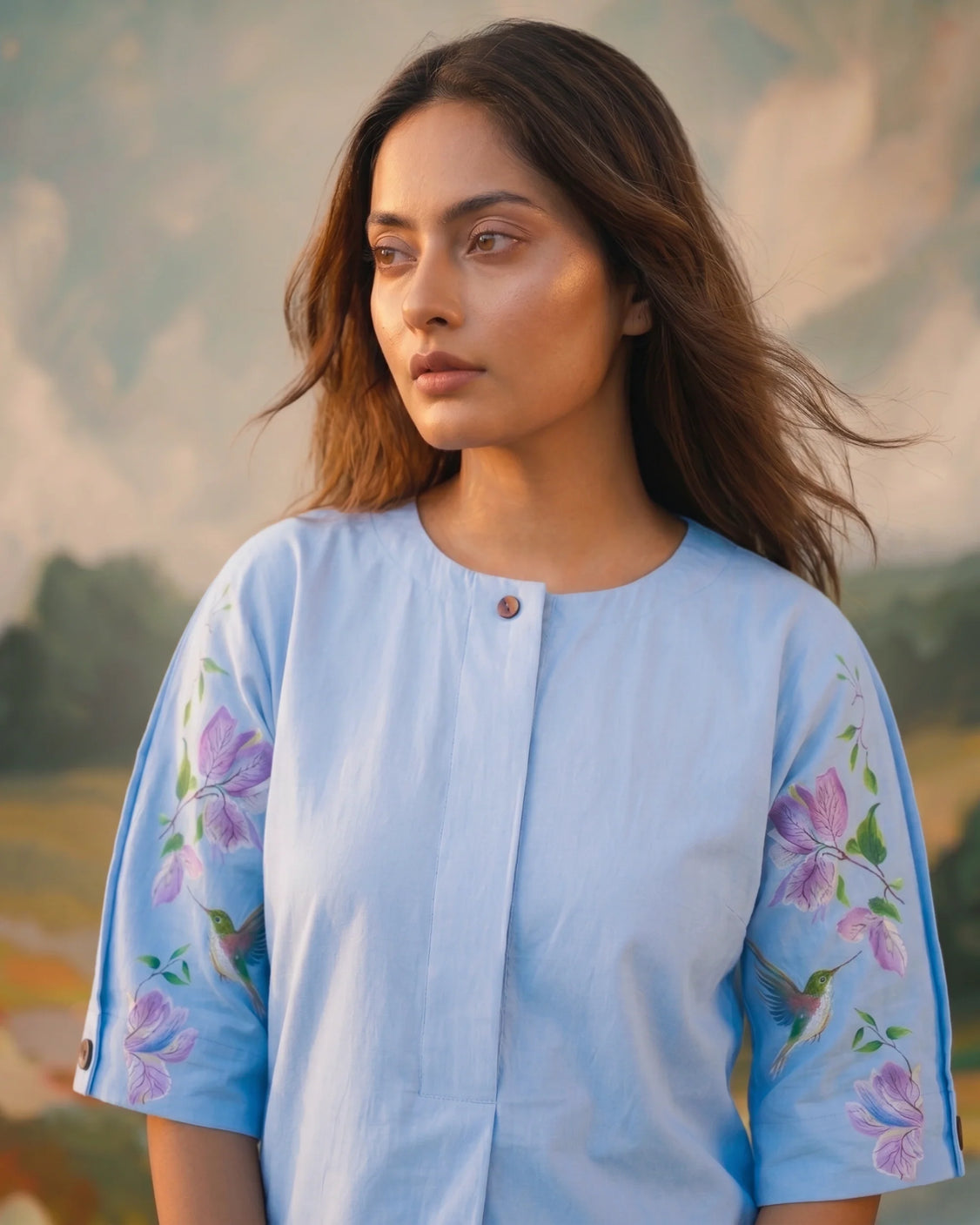 Sky Bougainvilla Handpainted Cotton Shirt