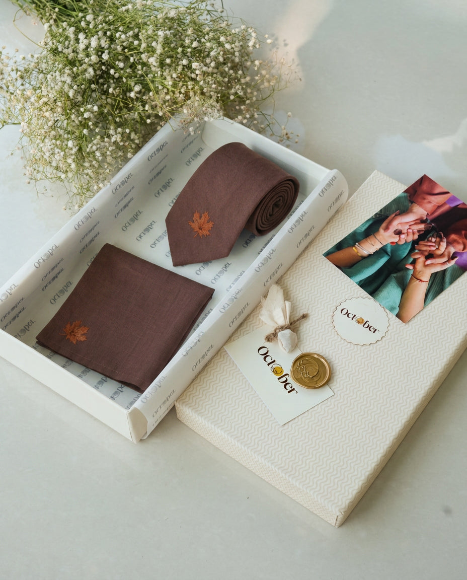 Brown Hand-painted Cotton Pashmina Tie & Pocket Square Set