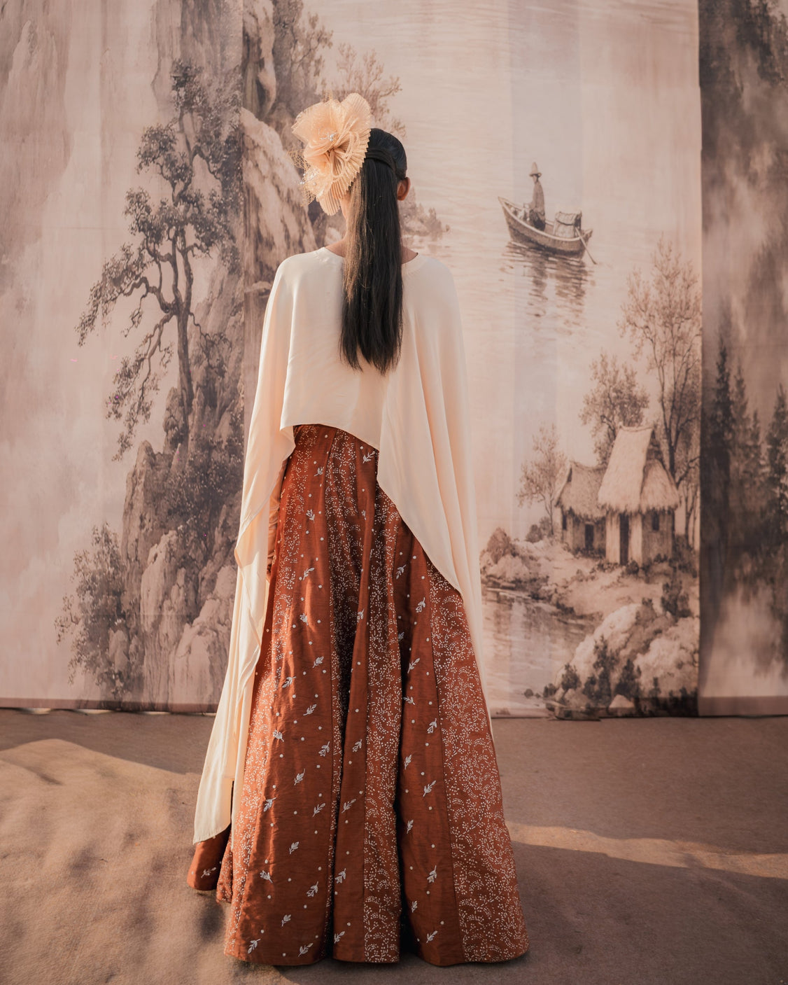 Chocolate Beige Real Silver Printed & Embroidered Skirt & Cape
