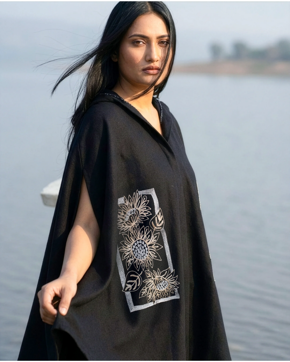 Midnight Harvest Sunflower Embroidered Cape