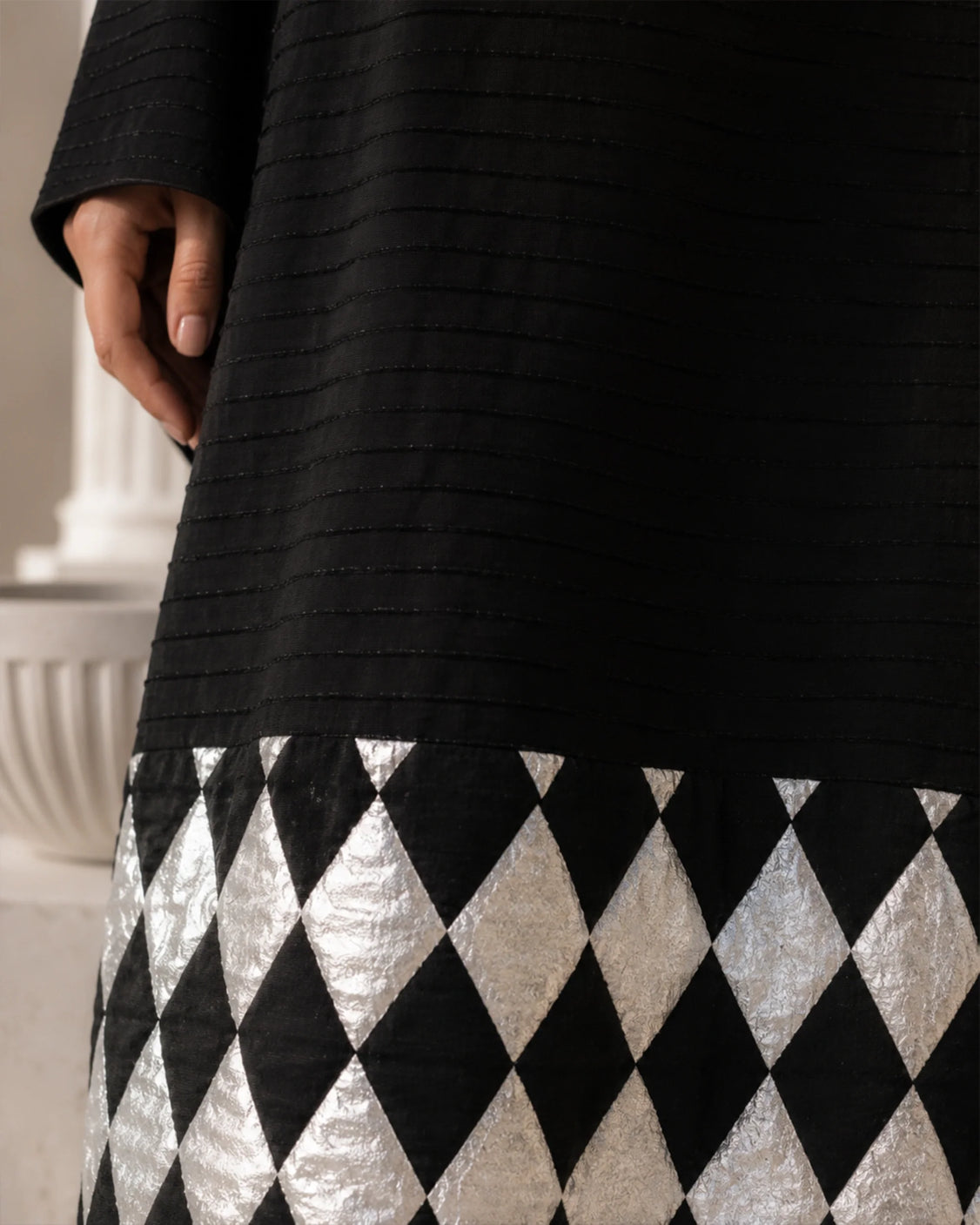 Charcoal Black Embroidered & Real Silver Printed Cotton Dress