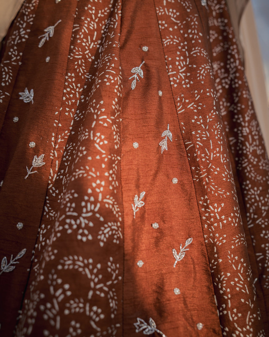 Chocolate Beige Real Silver Printed & Embroidered Skirt & Cape