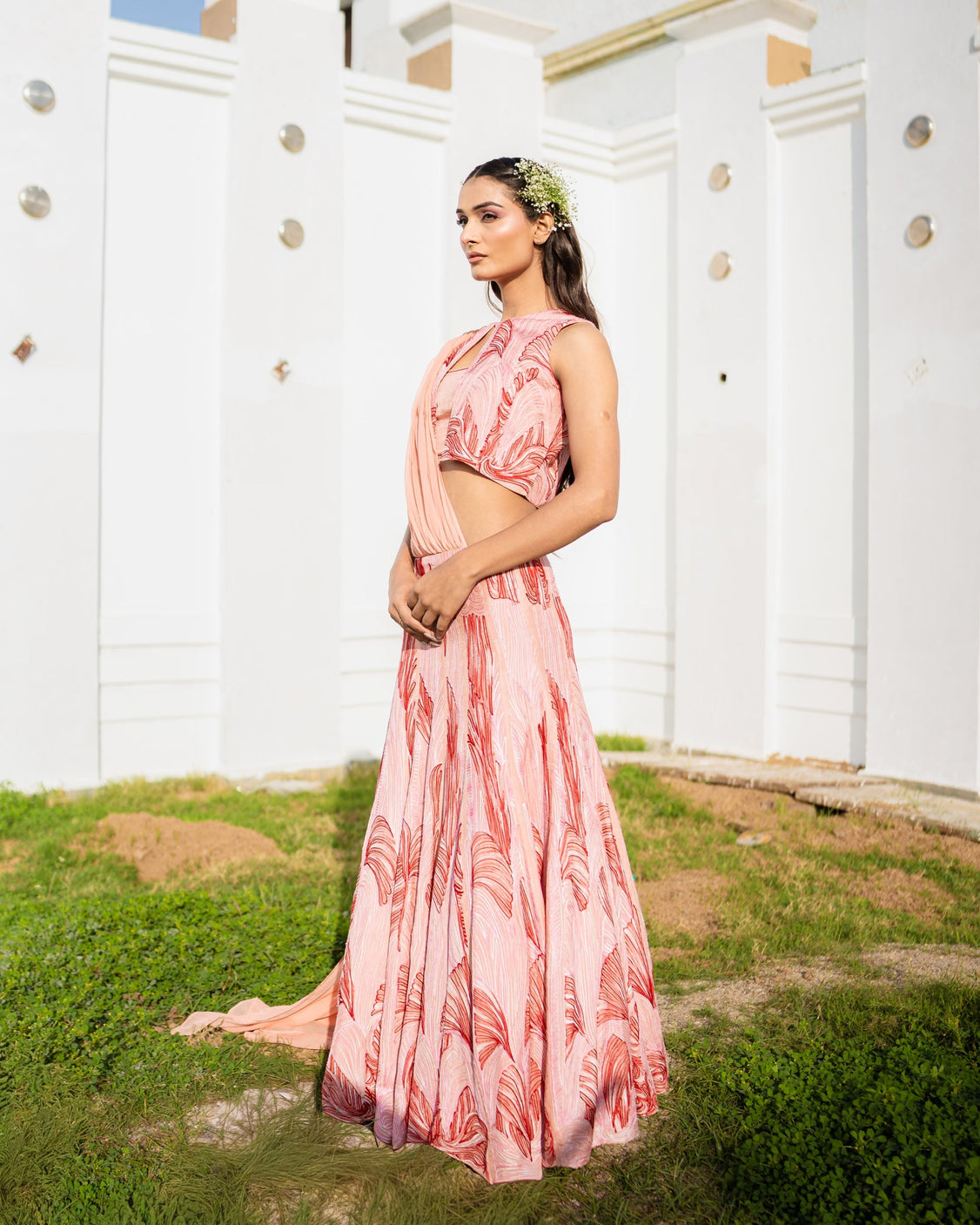 Peachy Embroidery & Handpainted Lehenga Saree Set