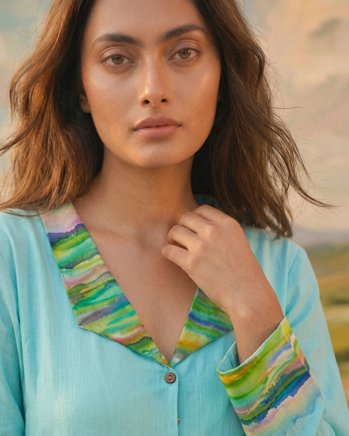 Aqua Handpainted Cotton Collar Dress