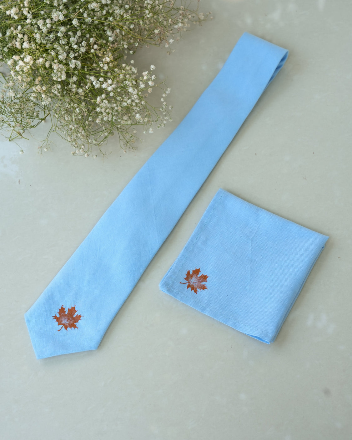 Sky Blue Hand-painted Cotton Pashmina Tie & Pocket Square Set
