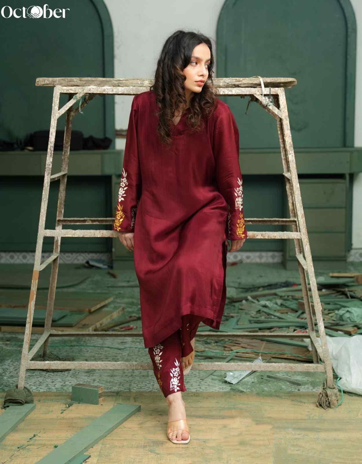 Red Wine Silk Co-Ord Set in Handpaint and Real Silver Work