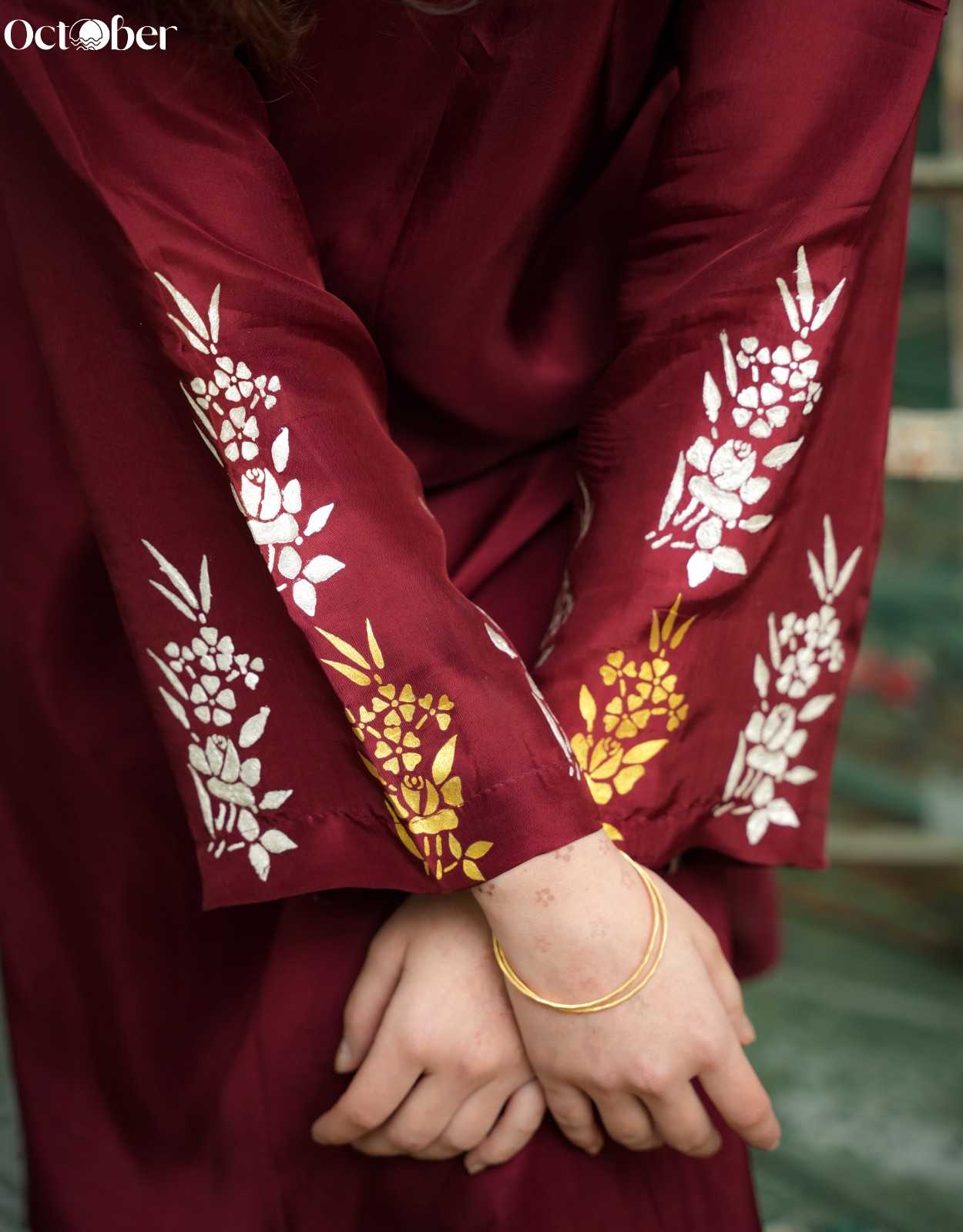 Red Wine Silk Co-Ord Set in Handpaint and Real Silver Work
