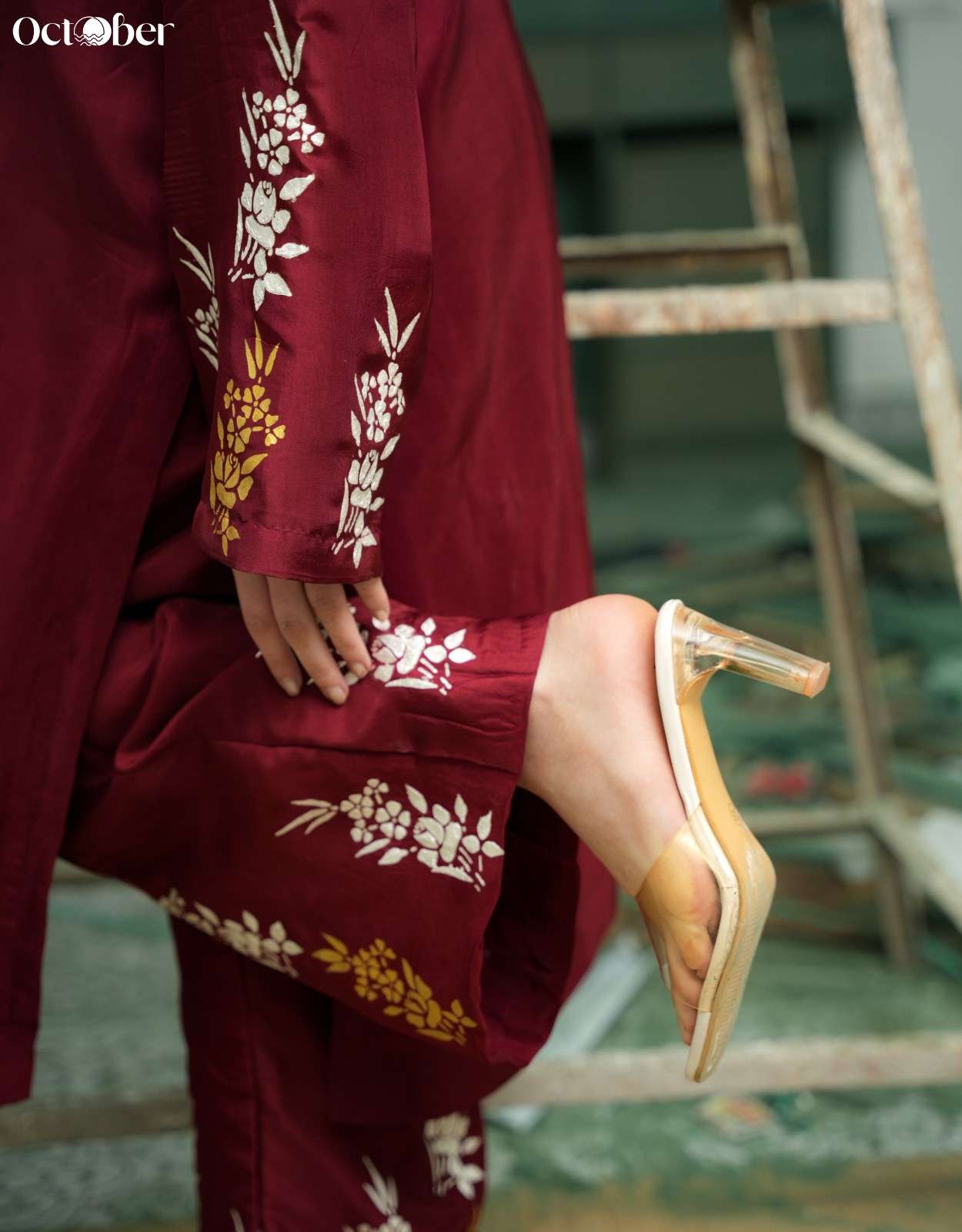 Red Wine Silk Co-Ord Set in Handpaint and Real Silver Work
