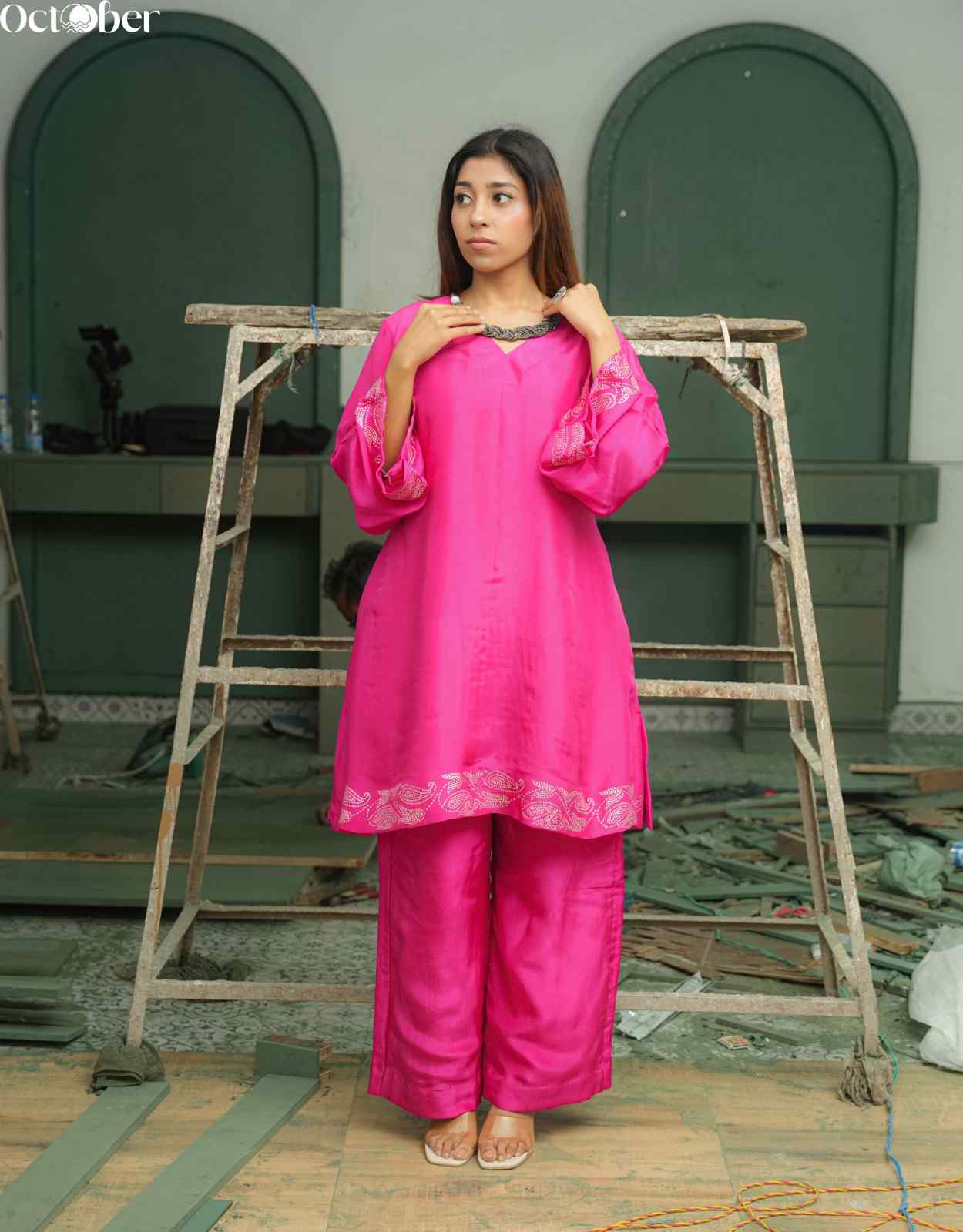 Fuchsia Silk Co-Ord Set in Real Silver Work